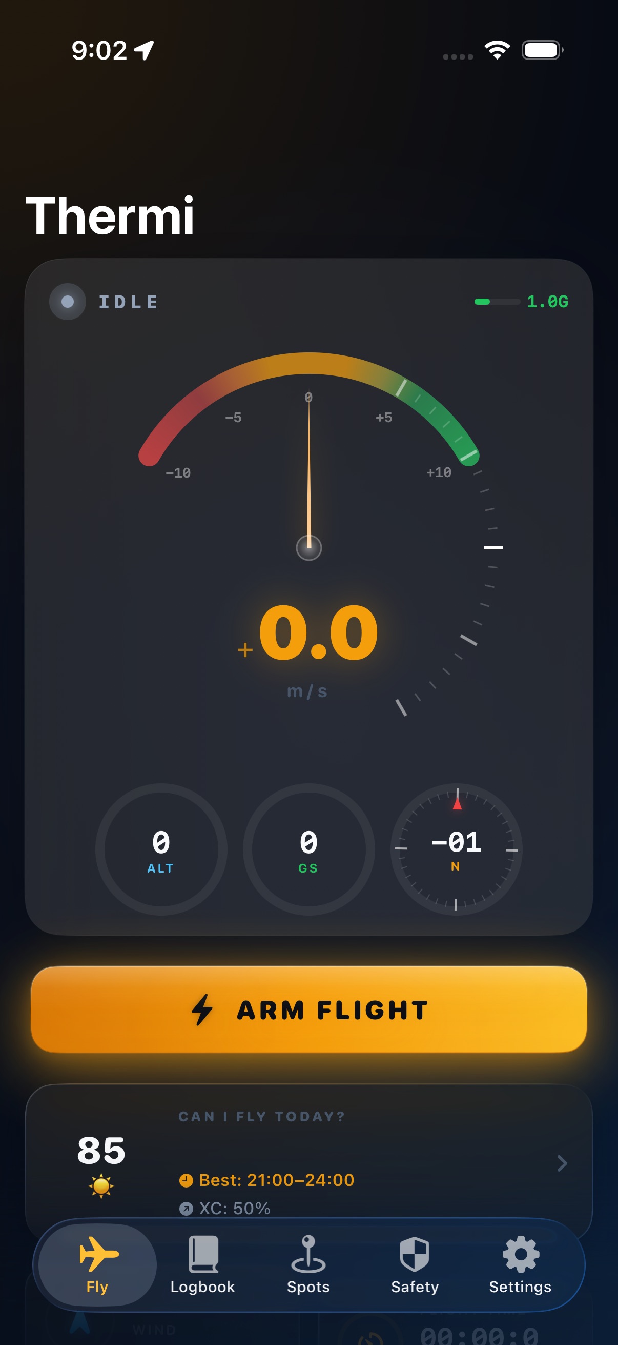 Thermi Logbook — flight instruments and stats