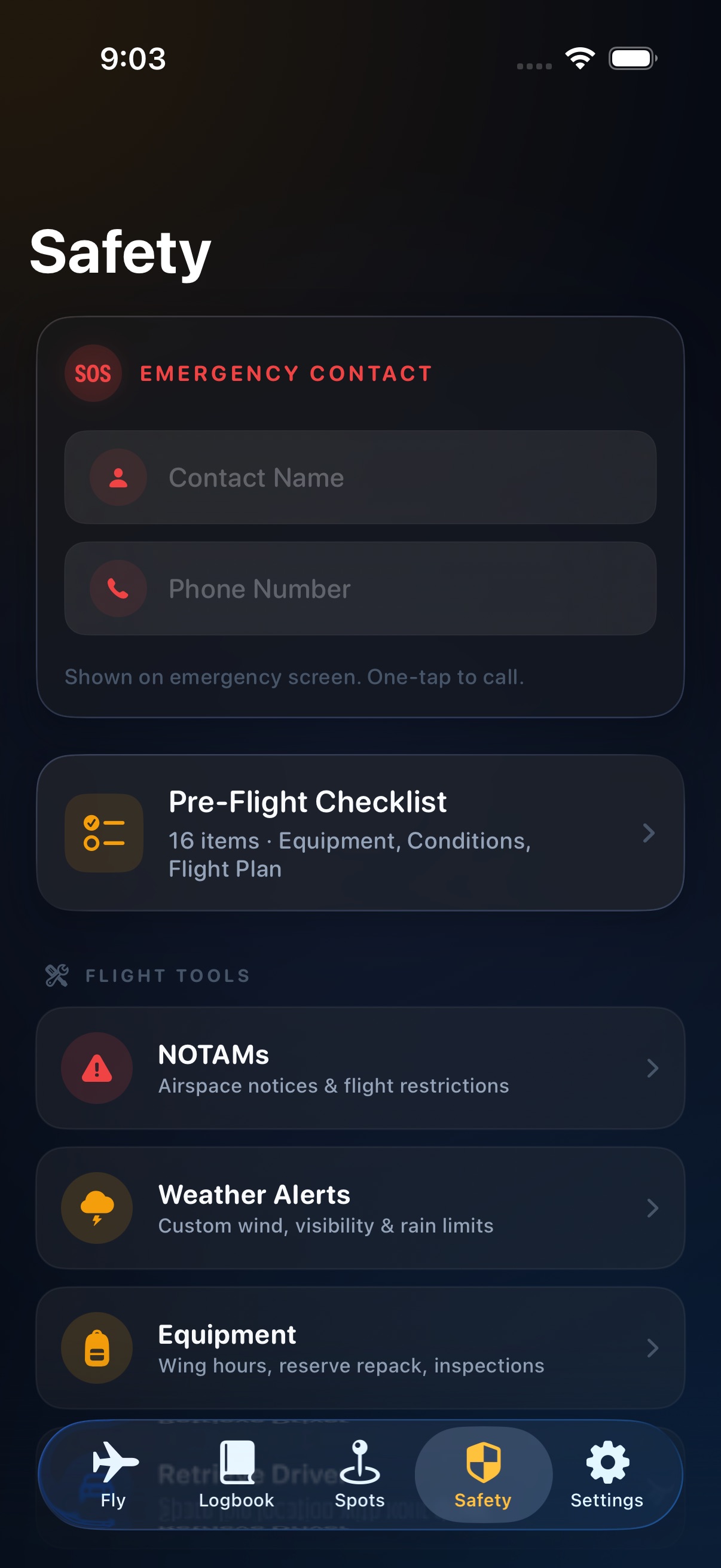 Thermi Safety — SOS, pre-flight checklist, NOTAMs